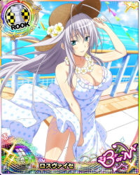 Rule 34 | 1girl, antenna hair, bikini, bikini under clothes, blue eyes, breasts, card (medium), character name, chess piece, cleavage, dress, covered erect nipples, flower, flower necklace, hair ribbon, hat, hat flower, high school dxd, high school dxd born, jewelry, large breasts, lei, long hair, necklace, official art, parted lips, polka dot, polka dot dress, ribbon, rook (chess), rossweisse, silver hair, solo, standing, straw hat, sundress, swimsuit, trading card, very long hair, wind