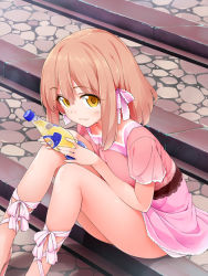 Rule 34 | 1girl, ankle lace-up, bare legs, blush, bottle, cross-laced footwear, hair ribbon, high heels, highres, kaisen chuui, lace-up heels, looking at viewer, orange hair, original, ribbon, short hair, sitting, sitting on stairs, smile, solo, stairs, strappy heels, yellow eyes