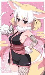 Rule 34 | 1girl, :3, alternate costume, animal ears, bare shoulders, blush, commentary request, cowboy shot, extra ears, fennec (kemono friends), fishnet gloves, fishnet thighhighs, fishnets, fox ears, fox girl, fox tail, fur collar, fur trim, gloves, kemono friends, ninja, ransusan, sleeveless, solo, tail, thighhighs, white fur, white gloves, white thighhighs, yellow eyes, zettai ryouiki