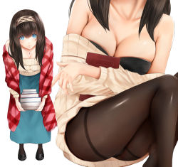 Rule 34 | 1girl, black hair, black pantyhose, blue eyes, book, breasts, cleavage, holding, holding book, idolmaster, idolmaster cinderella girls, irohakaede, jewelry, large breasts, leaning forward, long hair, looking at viewer, necklace, off-shoulder, off-shoulder sweater, off shoulder, panties, pantyhose, pantyshot, ribbed sweater, sagisawa fumika, shawl, simple background, sitting, solo, sweater, thighband pantyhose, underwear, white background