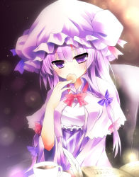 Rule 34 | 1girl, bad id, bad pixiv id, blush, bow, capelet, chair, cookie, cup, eating, female focus, food, gradient background, hair bow, hat, light, long hair, patchouli knowledge, purple eyes, purple hair, quill, ryuji (ikeriu), solo, tea, teacup, touhou