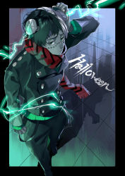 Rule 34 | 1boy, arm up, closed mouth, colored skin, electricity, fingernails, frankenstein&#039;s monster, green eyes, green hair, grey skin, half-closed eyes, halloween, indoors, kyouichi, male focus, original, red scarf, scarf, scratches, screw, solo, standing, stitches