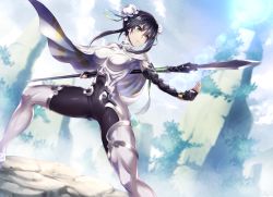 Rule 34 | 1girl, black hair, bodysuit, breasts, bun cover, chinese clothes, covered navel, double bun, fate/grand order, fate (series), fighting stance, fingerless gloves, gloves, green eyes, hair between eyes, hair bun, long hair, matsumoto tomoyohi, medium breasts, polearm, qin liangyu (fate), solo, spear, standing, weapon