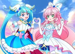 Rule 34 | 2girls, ascot, blue cape, cape, commentary, cure prism, cure sky, detached sleeves, dress, english commentary, glove bow, green eyes, hand on own hip, heart, heart hands, heart hands duo, highres, hirogaru sky! precure, long hair, magical girl, multiple girls, nijigaoka mashiro, open mouth, pink hair, precure, puffy detached sleeves, puffy sleeves, single sidelock, smile, sora harewataru, twintails, two-sided cape, two-sided fabric, venuscho, very long hair, white ascot, white dress, wing hair ornament