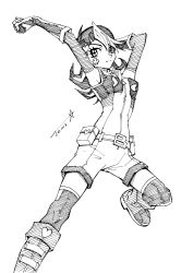 Rule 34 | absurdres, blue girl, boots, facial tattoo, fingerless gloves, gloves, greyscale, heart, high contrast, highres, looking at viewer, monochrome, sleeveless, smile, solo, stretching, tattoo, yu-gi-oh!, yuu-gi-ou, yu-gi-oh! duel monsters, zaizen aoi