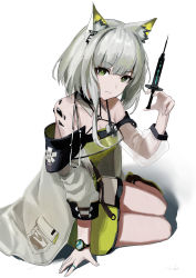 Rule 34 | 1girl, animal ear fluff, animal ears, arknights, bare shoulders, blunt bangs, breasts, bright pupils, cat ears, closed mouth, coat, detached collar, dress, full body, green dress, green eyes, grey hair, highres, holding, holding syringe, jewelry, kal&#039;tsit (arknights), long sleeves, looking at viewer, material growth, medium breasts, nekoreito, open clothes, open coat, oripathy lesion (arknights), ring, see-through, short hair, signature, simple background, sitting, solo, stethoscope, syringe, watch, white background, white coat, wristwatch, yokozuwari