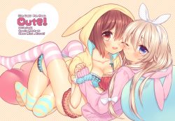 Rule 34 | 10s, 2girls, ;d, animal hood, blonde hair, blue eyes, blue panties, blush, bow, bra, brown eyes, brown hair, frilled bra, frilled panties, frills, hair bow, hair ribbon, hairband, holding hands, hood, hoodie, interlocked fingers, kantai collection, kuroki (ma-na-tu), lingerie, long hair, long sleeves, looking at viewer, lying on person, multicolored stripes, multiple girls, no pants, no shoes, one eye closed, open mouth, panties, personification, pillow, pink panties, polka dot, polka dot bra, polka dot panties, polka dot ribbon, rabbit hood, ribbon, shimakaze (kancolle), smile, striped clothes, striped legwear, striped thighhighs, thighhighs, underwear, wink, yukikaze (kancolle), yuri