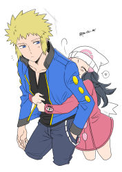Rule 34 | 1boy, 1girl, absurdres, beanie, black hair, black shirt, blonde hair, blue eyes, blue jacket, buttons, closed eyes, closed mouth, coat, commentary request, creatures (company), dawn (pokemon), game freak, hair ornament, hairclip, hat, highres, hug, hug from behind, jacket, long hair, long sleeves, nintendo, notice lines, open clothes, open jacket, pachiko (norazaemon38), poke ball print, pokemon, pokemon dppt, pokemon platinum, scarf, shirt, smile, spiked hair, volkner (pokemon), white background, white headwear, white scarf