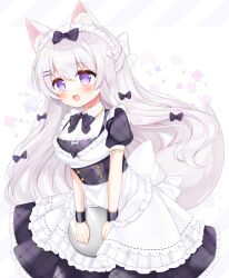 Rule 34 | 1girl, :d, animal ear fluff, animal ears, apron, black bow, bow, commentary request, dress, floral background, fox ears, fox girl, fox tail, frilled apron, frilled dress, frills, grey hair, hair between eyes, hair bow, hair ornament, hairclip, highres, long hair, looking at viewer, maid, maid headdress, open mouth, original, plaid, plaid dress, pleated dress, purple eyes, shikito (yawa0w0), simple background, smile, solo, tail, tray, very long hair, white apron, white background, wrist cuffs