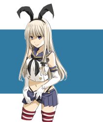 Rule 34 | 1girl, animal ears, black hairband, black panties, blue background, blue eyes, blue sailor collar, blue skirt, boku (akamedou), closed mouth, clothes lift, cowboy shot, crop top, elbow gloves, fake animal ears, gloves, hairband, highleg, highleg panties, kantai collection, lifted by self, long hair, midriff, miniskirt, navel, panties, pleated skirt, rabbit ears, sailor collar, shimakaze (kancolle), shirt, silver hair, skirt, skirt lift, sleeveless, sleeveless shirt, smile, solo, standing, stomach, striped clothes, striped thighhighs, thighhighs, two-tone background, underwear, very long hair, white background, white gloves, white shirt, zettai ryouiki