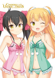 Rule 34 | 2girls, ;d, babydoll, bare arms, bare shoulders, black hair, blonde hair, blush, bow, closed mouth, collarbone, commentary request, fang, fingernails, frilled panties, frills, green bow, green panties, hair between eyes, hair bow, hand on own hip, hand up, holding hands, idolmaster, idolmaster cinderella girls, idolmaster cinderella girls starlight stage, interlocked fingers, jougasaki rika, kaiware-san, long hair, looking at viewer, matoba risa, multiple girls, navel, one eye closed, open mouth, panties, pink bow, pink panties, simple background, smile, twintails, two side up, underwear, underwear only, very long hair, white background, yellow eyes