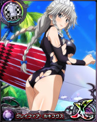 Rule 34 | 1girl, ass, braid, breasts, card (medium), character name, chess piece, closed mouth, day, grayfia lucifuge, grey eyes, grey hair, high school dxd, high school dxd cross, large breasts, lipstick, long hair, looking at viewer, maid headdress, makeup, matching hair/eyes, official art, palm tree, queen (chess), red lips, smile, solo, source request, standing, surfboard, swimsuit, thighs, torn clothes, torn swimsuit, trading card, tree, twin braids, underboob