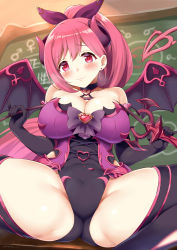 Rule 34 | absurdres, bare shoulders, black choker, black gloves, black legwear, black leotard, black wings, blush, bow, breasts, chalkboard, choker, cleavage, closed mouth, corset, demon girl, demon horns, demon tail, demon wings, earrings, elbow gloves, feet out of frame, gloves, highres, holding, holding whip, horns, io (princess connect!), jewelry, large breasts, leaning back, leotard, long hair, pink hair, ponytail, princess connect!, red eyes, ryuki (ryukisukune), sitting, spread legs, swept bangs, tail, thick thighs, thighhighs, thighs, whip, wings