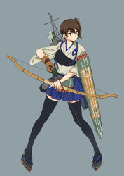 Rule 34 | 10s, 1girl, black thighhighs, bow (weapon), brown eyes, brown hair, flight deck, japanese clothes, kaga (kancolle), kantai collection, kuropu, multiple girls, muneate, personification, pleated skirt, short hair, side ponytail, skirt, solo, thighhighs, weapon, zettai ryouiki