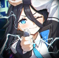 Rule 34 | 1girl, 2ta2ta, absurdly long hair, aqua halo, aris (blue archive), black hair, blue archive, blue eyes, blue necktie, blush, closed mouth, coin, collared shirt, electricity, green halo, halo, highres, jacket, long hair, long sleeves, looking at viewer, necktie, one eye closed, parody, rectangular halo, ringed eyes, shirt, solo, toaru kagaku no railgun, toaru majutsu no index, two-sided fabric, two-sided jacket, upper body, very long hair, white jacket, white shirt