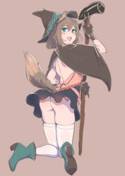 Rule 34 | 1girl, :d, animal ears, ankle boots, ass, bad id, bad pixiv id, blush, boots, brown gloves, brown hair, fang, gloves, hat, high heel boots, high heels, kneeling, kyuuso inukami, no panties, open mouth, original, pink background, polearm, shoe soles, short hair, simple background, skirt, smile, solo, tail, thighhighs, weapon, white thighhighs, witch hat