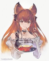 Rule 34 | 1girl, animal ears, anthuria, bare shoulders, bowl, breasts, choker, closed mouth, cropped torso, food, granblue fantasy, grey background, heart, highres, holding, holding tray, index finger raised, long sleeves, looking at viewer, medium breasts, nishiki (jinnishiki), off-shoulder shirt, off shoulder, red eyes, red hair, shirt, simple background, smile, solo, soup, tray, twitter username