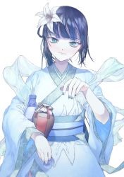 Rule 34 | 1girl, black hair, bottle, chinese clothes, closed mouth, cup, fate/grand order, fate (series), flower, green nails, hair flower, hair ornament, hanfu, highres, holding, holding cup, jing ke (fate), long hair, looking at viewer, nail polish, ponytail, sake bottle, sakiso (sydw2423), sash, smile, teacup, white background, white flower, wine bottle