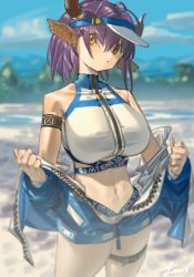 Rule 34 | 1girl, absurdres, animal ears, arknights, arm strap, bare shoulders, bikini, bikini under clothes, blue jacket, blue sky, breasts, closed mouth, clothes writing, covered collarbone, cow ears, cow girl, cow horns, cowboy shot, day, hair between eyes, head tilt, highres, hite hat, horns, jacket, lanzi (415460661), large breasts, long sleeves, looking at viewer, mountainous horizon, navel, official alternate costume, open clothes, open jacket, orange eyes, outdoors, sideroca (arknights), sideroca (light breeze) (arknights), signature, skindentation, sky, solo, stomach, swimsuit, thigh strap, undressing, unzipped, visor cap, white bikini