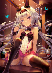 Rule 34 | 1girl, azur lane, blush, breasts, cleavage, commentary request, cup, drinking glass, leotard, long hair, looking at viewer, low twintails, playboy bunny, pouring, pouring onto self, shimakaze (azur lane), shimakaze (world&#039;s speediest bunny waitress) (azur lane), silver hair, sitting, small breasts, smile, solo, table, tanaka ken&#039;ichi, twintails, wine glass, yellow eyes