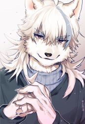 Rule 34 | 1boy, ahoge, animal ears, artist name, bishounen, black jacket, blue hair, blue sweater, body fur, brown background, brown eyes, claws, closed mouth, commentary, commission, dog boy, dog ears, english commentary, fist in hand, furry, furry male, gradient background, hands up, highres, jacket, long hair, long sleeves, looking at viewer, male focus, mokotalow11, multicolored hair, original, simple background, smirk, solo, streaked hair, sweater, turtleneck, turtleneck sweater, upper body, white fur, white hair