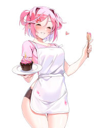 Rule 34 | 1girl, absurdres, apron, bare legs, black shorts, blush, breasts, chocolate, closed eyes, cowboy shot, crop top, cupcake, dessert, doki doki literature club, food, hair between eyes, hair intakes, hair ornament, hair ribbon, happy birthday, heart, highres, holding utensil, machulanko, medium breasts, natsuki (doki doki literature club), off shoulder, open mouth, pink hair, pink shirt, plate, ribbon, shirt, short hair, short sleeves, short twintails, shorts, smile, solo, standing, sweets, teeth, thigh gap, thighs, twintails, white apron, white background, wooden spoon, x hair ornament