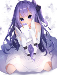 Rule 34 | 1girl, absurdres, ahoge, azur lane, bare shoulders, black ribbon, commentary request, detached sleeves, dress, hair bun, hair ribbon, halterneck, highres, long hair, long sleeves, looking at viewer, hugging object, one side up, parted lips, purple eyes, purple hair, ribbon, side bun, single hair bun, single side bun, sitting, solo, star (symbol), starry background, stuffed winged unicorn, suisen-21, unicorn (azur lane), very long hair, wariza, white dress, white sleeves