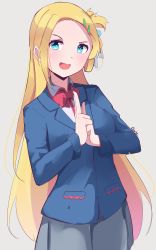 Rule 34 | 1girl, :d, absurdres, blazer, blonde hair, blue eyes, blue jacket, blush, bow, collared shirt, commentary, forehead, gar32, grey background, grey skirt, hair ornament, hair ribbon, hairclip, highres, hitoribocchi no marumaru seikatsu, jacket, kuji-in, long hair, long sleeves, one side up, open mouth, own hands together, parted bangs, pleated skirt, red bow, ribbon, school uniform, shirt, signature, simple background, skirt, smile, solo, sotoka rakita, v-shaped eyebrows, very long hair, white ribbon, white shirt