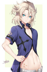 Rule 34 | 1boy, absurdres, albedo (genshin impact), belt, blonde hair, blue eyes, blue shirt, closed mouth, collarbone, collared shirt, commentary, cowboy shot, earrings, genshin impact, groin, hair between eyes, highres, jewelry, long torso, looking at viewer, male focus, medium hair, nasaniliu, navel, open fly, partially unbuttoned, scar, scar on neck, shirt, short sleeves, shorts, sidelocks, signature, simple background, solo, standing, stomach, toned, toned male, white belt, white shorts