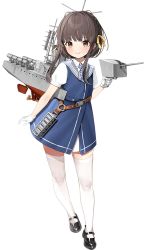 Rule 34 | 1girl, black footwear, black hair, blue dress, blush, brown eyes, closed mouth, dress, full body, gloves, kantai collection, machinery, mary janes, official art, rigging, shoes, short hair, short sleeves, sidelocks, smile, solo, thighhighs, transparent background, turret, ukuru (kancolle), white gloves, white thighhighs