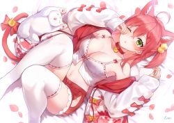 Rule 34 | 1girl, ;o, absurdres, ahoge, alternate costume, animal ear fluff, animal ears, artist name, bed sheet, bell, blush, breasts, cat, cat ears, cat tail, choker, cleavage, green eyes, hair between eyes, highres, hololive, jacket, lims (neko2lims), long sleeves, looking at viewer, lying, medium breasts, navel, on back, one eye closed, petals, red choker, red hair, red skirt, sakura miko, short hair, skirt, solo, tail, tail bell, tail ornament, thighhighs, virtual youtuber, white thighhighs