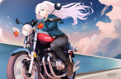 Rule 34 | 1girl, artist name, black gloves, black pants, blue eyes, blue jacket, boots, braid, breasts, bright pupils, brown footwear, closed mouth, cloud, commission, feather hair, gloves, highres, hololive, hololive indonesia, jacket, landacdeus, large breasts, long hair, motor vehicle, motorcycle, on motorcycle, pants, pavolia reine, sky, solo, twitter username, virtual youtuber, white hair, white pupils