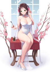 Rule 34 | 1girl, bare shoulders, blush, breasts, brown hair, cherry blossoms, cleavage, closed mouth, collarbone, commentary request, dress, earrings, eyeshadow, flower, green eyes, hair flower, hair ornament, hand up, high heels, highres, holding, holding spoon, jewelry, large breasts, long hair, makeup, minato asuka, original, pelvic curtain, pink eyeshadow, sitting, sleeveless, sleeveless dress, smile, solo, spoon, white background, white dress, white footwear