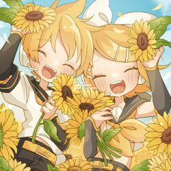 Rule 34 | 1boy, 1girl, 421ooouy, absurdres, belt, blonde hair, blush, bow, closed eyes, crop top, day, detached sleeves, field, flower, flower field, hair bow, hair ornament, hairclip, headphones, headset, highres, holding, holding flower, kagamine len, kagamine rin, long sleeves, midriff, navel, open mouth, outdoors, petals, sailor collar, shirt, short hair, short sleeves, sleeveless, sleeveless shirt, smile, sunflower, sunflower field, teeth, upper teeth only, vocaloid
