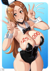 Rule 34 | 1girl, 2023, animal ears, artist name, bare shoulders, black leotard, bleach, blue background, bodypaint, border, brown eyes, castell, chinese zodiac, commentary, double v, fake animal ears, fake tail, gloves, highres, inoue orihime, leotard, long hair, looking at viewer, looking back, milestone celebration, orange hair, outside border, parted lips, playboy bunny, rabbit ears, rabbit tail, solo, tail, thighhighs, thighs, v, white background, white border, wrist cuffs, year of the rabbit