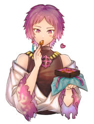 Rule 34 | 1boy, black shirt, blush, box, box of chocolates, commentary request, cropped torso, eating, flame print, food, heart, holding, holding food, jewelry, male focus, misuguu, necklace, off shoulder, official alternate costume, purple eyes, purple hair, ragnarok online, shirt, short hair, simple background, solo, sura (ragnarok online), upper body, white background, white shirt