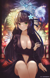 Rule 34 | 1girl, absurdres, black coat, black hair, blue flower, blunt bangs, breast rest, breasts, cleavage, closed mouth, coat, commission, fireworks, flower, gmg, grey eyes, hair flower, hair ornament, highres, long hair, long sleeves, looking at viewer, medium breasts, naked coat, night, open clothes, open coat, original, outdoors, sitting, sky, smile, solo, star (sky), starry sky, very long hair