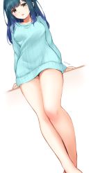 Rule 34 | 1girl, absurdres, arm support, bare legs, blue dress, blue hair, breasts, collarbone, dress, grey eyes, highres, long hair, long sleeves, looking at viewer, medium breasts, omoomomo, original, parted lips, ribbed sweater, sidelocks, solo, standing, sweater, sweater dress, thighs