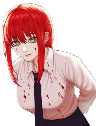 Rule 34 | 1girl, arms behind back, black necktie, black pants, blood, blood on clothes, blood on face, braid, breasts, chainsaw man, collared shirt, commentary request, dress pants, dress shirt, hair between eyes, highres, leaning forward, lips, makima (chainsaw man), medium breasts, necktie, pants, ringed eyes, shirt, sidelocks, simple background, single braid, smile, solo, upper body, white background, white shirt, yellow eyes, yukimune