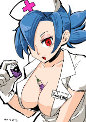 Rule 34 | 1girl, between breasts, blue hair, breasts, choker, cleavage, collarbone, hair over one eye, hat, hitsujiko, holding, large breasts, looking at viewer, nurse cap, open mouth, ponytail, red eyes, scar, skullgirls, solo, symbol-shaped pupils, syringe, upper body, valentine (skullgirls), vial