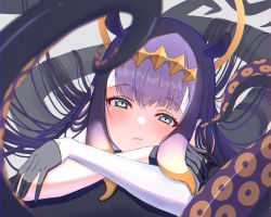 Rule 34 | 1girl, animal ears, black gloves, blue eyes, blunt bangs, blush, close-up, closed mouth, detached sleeves, film grain, fur-trimmed collar, fur trim, gloves, gradient hair, half gloves, halo, headpiece, highres, hololive, hololive english, long hair, looking at viewer, mole, mole under eye, multicolored hair, ninomae ina&#039;nis, ninomae ina&#039;nis (1st costume), orange hair, pointy ears, puckered lips, purple hair, rin (rin illust 0805), sidelocks, single detached sleeve, tentacle hair, tentacles, very long hair, virtual youtuber