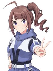 Rule 34 | 1girl, ahoge, blue jacket, breasts, brown hair, enjoyful! (&amp;joyful!), hand on own hip, highres, idolmaster, idolmaster million live!, idolmaster million live! theater days, jacket, looking at viewer, ponytail, purple eyes, shinokichi draw, simple background, skirt, small breasts, smile, upper body, v, white background, yokoyama nao