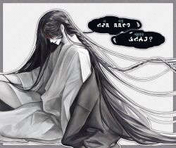 1boy black_coat black_hair blood blood_on_face braid coat commentary english_commentary haori highres homicipher homicipher_text japanese_clothes kimono knee_up korean_text long_hair male_focus mr._crawling sitting solo translation_request u_chuag very_long_hair white_kimono