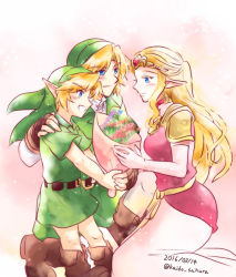 Rule 34 | 1girl, 2boys, aged down, blonde hair, blue eyes, blush, closed eyes, dress, dual persona, flower, gradient background, green hat, hat, kaidou mitsuki, link, long hair, multiple boys, nintendo, open mouth, plant, pointy ears, princess zelda, short hair, smile, super smash bros., the legend of zelda, the legend of zelda: ocarina of time, time paradox, white background, young link
