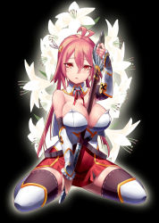Rule 34 | 1girl, antenna hair, bare shoulders, between breasts, black background, breasts, cleavage, detached collar, detached sleeves, dev (dev0614), floral background, flower, highres, large breasts, lily (flower), long hair, looking at viewer, open mouth, original, red eyes, red hair, sheath, sheathed, simple background, sitting, solo, sword, thighhighs, wariza, weapon