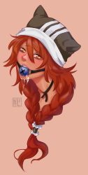 Rule 34 | 1girl, absurdres, gag, gagged, hat, highres, looking at viewer, lupusregina beta, overlord (maruyama), red hair, simple background, solo, spiceykali