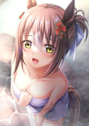 Rule 34 | 1girl, :d, animal ears, blush, bow, breasts, brown hair, cleavage, collarbone, commentary request, fine motion (umamusume), from above, hair between eyes, hair bow, hair ornament, hand up, highres, horse ears, horse girl, horse tail, medium breasts, multicolored hair, naked towel, open mouth, ponytail, smile, solo, tail, toshi (1-147), towel, two-tone hair, umamusume, white bow, white hair, yellow eyes
