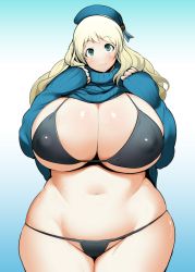 Rule 34 | 10s, 1girl, atago (kancolle), bikini, blonde hair, blush, breasts, cleavage, clothes lift, covered erect nipples, curvy, gigantic breasts, green eyes, groin, kantai collection, long hair, looking at viewer, navel, sasaki tatsuya, shirt, shirt lift, smile, solo, standing, sweater, swimsuit, thick thighs, thighs, wide hips