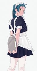 Rule 34 | 1girl, absurdres, alternate costume, antenna hair, apron, bad id, bad twitter id, black dress, blue hair, closed mouth, dress, enmaided, from behind, green eyes, grey background, head tilt, highres, holding, holding tray, irako (kancolle), kantai collection, long hair, maid, maid headdress, ojipon, pantyhose, ponytail, simple background, smile, solo, tray, white apron, white pantyhose