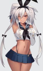 1girl black_neckerchief black_panties blue_sailor_collar blue_skirt breasts closed_mouth collarbone cosplay cowboy_shot crop_top dark-skinned_female dark_skin elbow_gloves gloves grey_background hair_between_eyes highleg highleg_panties highres kantai_collection kasumi_(skchkko) large_breasts long_hair miniskirt musashi_(kancolle) musashi_kai_ni_(kancolle) neckerchief one_eye_closed panties pleated_skirt red_eyes sailor_collar school_uniform serafuku shimakaze_(kancolle) shimakaze_(kancolle)_(cosplay) silver_hair simple_background skirt smile solo two_side_up underwear white_gloves